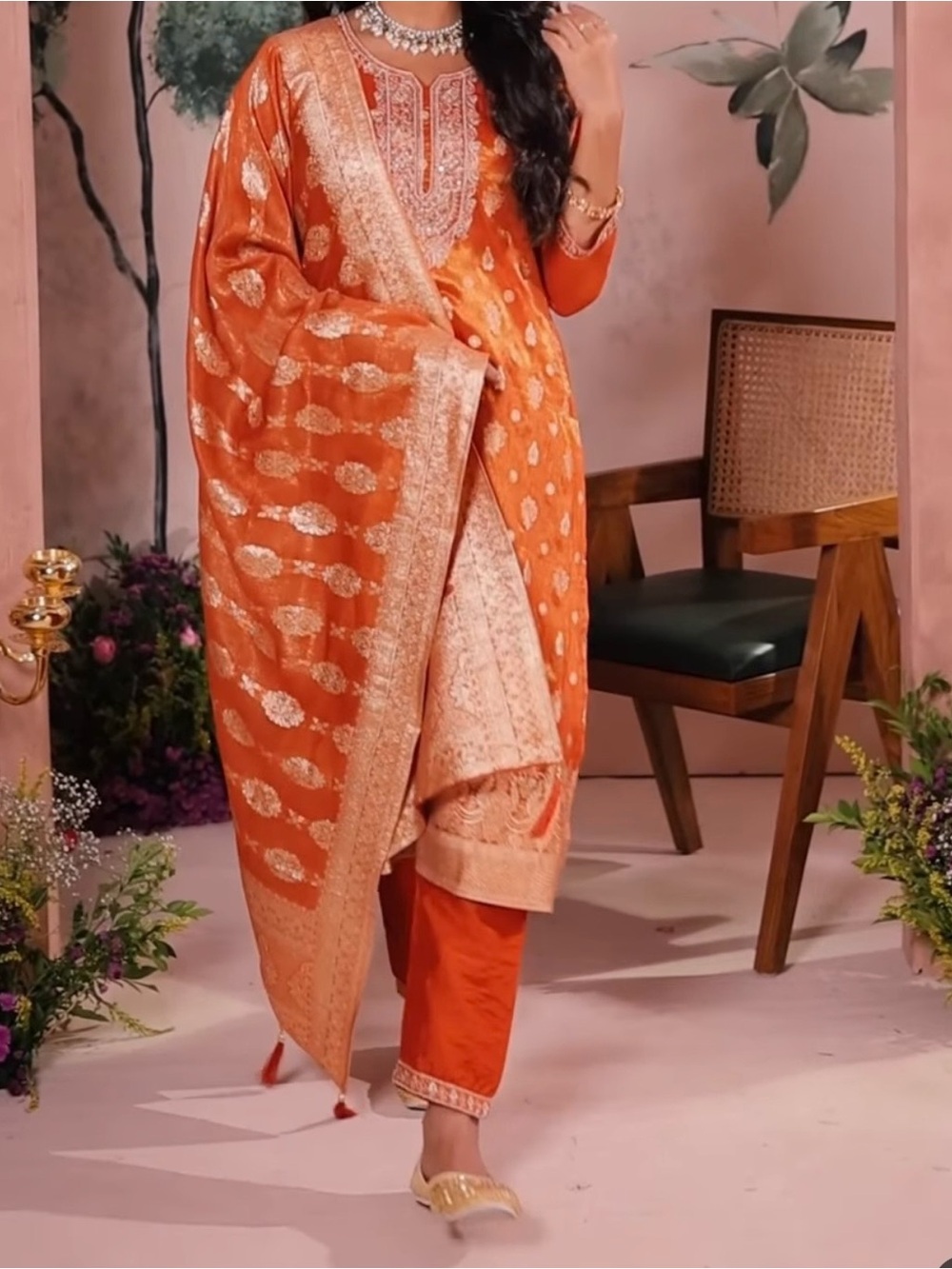 Elegant Orange Women's Salwar Kameez Set with Gold Accents